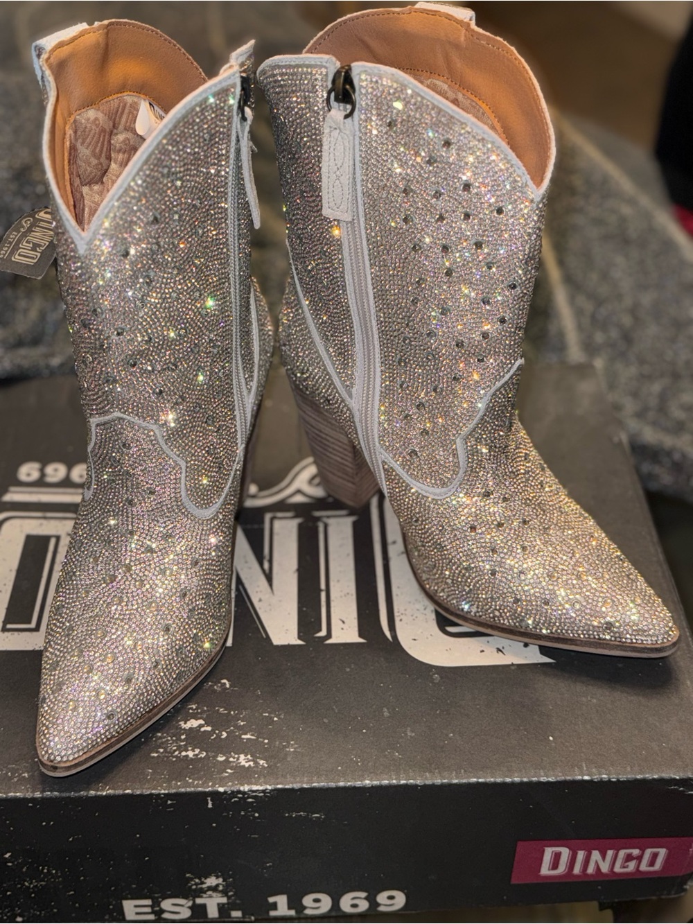Dingo Silver Crystal Embellished Heeled Cowboy Boots - Picture 3 of 8